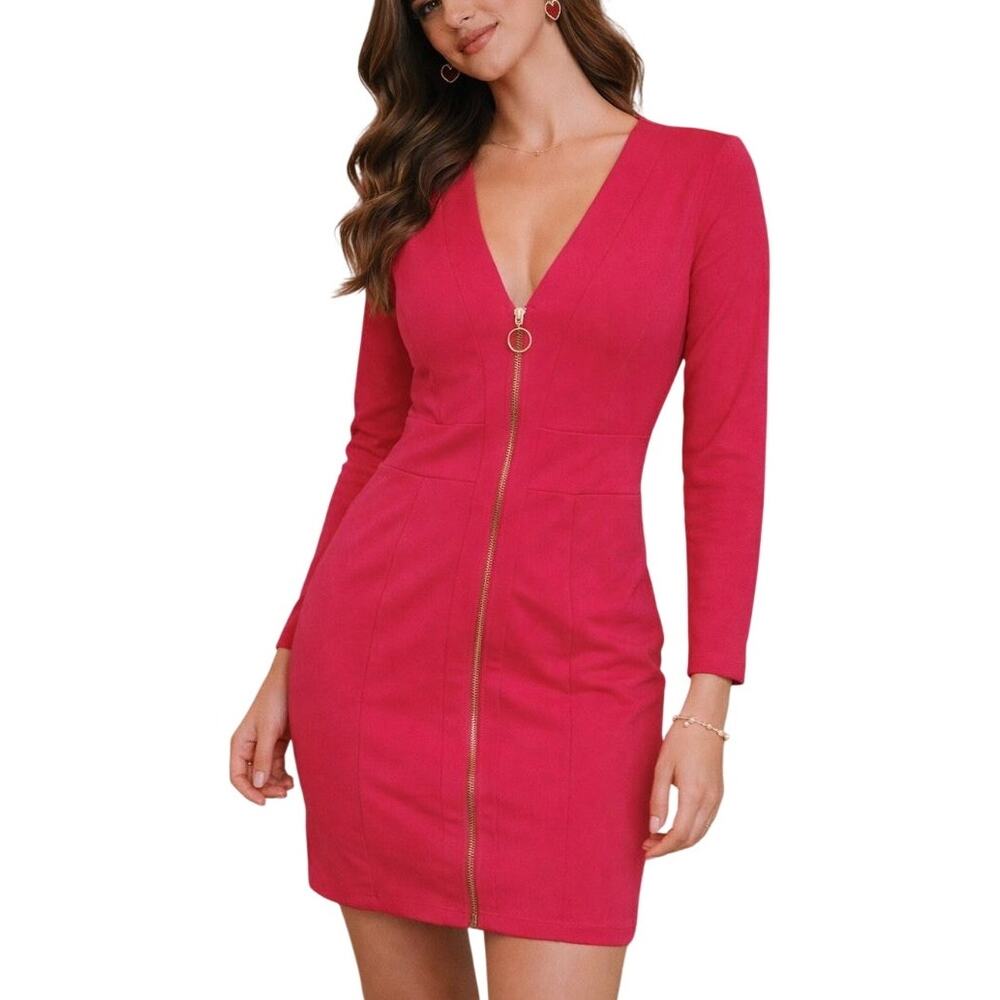 NWT Preppy V-Neck Full Zip Sheath Dress Large Pink Career Barbie Date Night